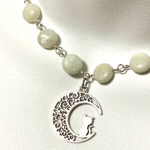 Genuine Pale Green Serpentine Necklace, Cute Cat on the Moon Pendant + Gemstone